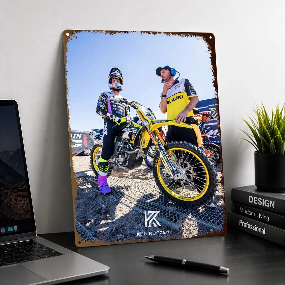 Motocross Rider And Mechanic Aluminum Poster Customized Metal Sign Vivid Racing Track Energy Wall Art For Action Sports Lovers