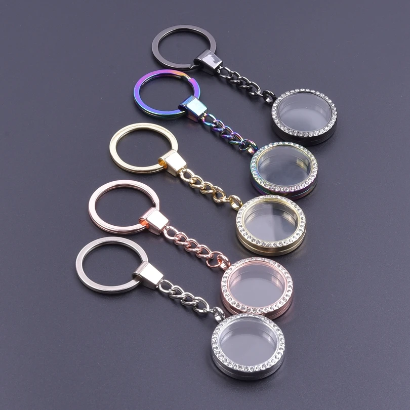 

5PCS 30mm Rose Gold Color Round With Rhinestone Glass Living Memory Locket Jewelry Making Medallion Relicario Photo Keychain