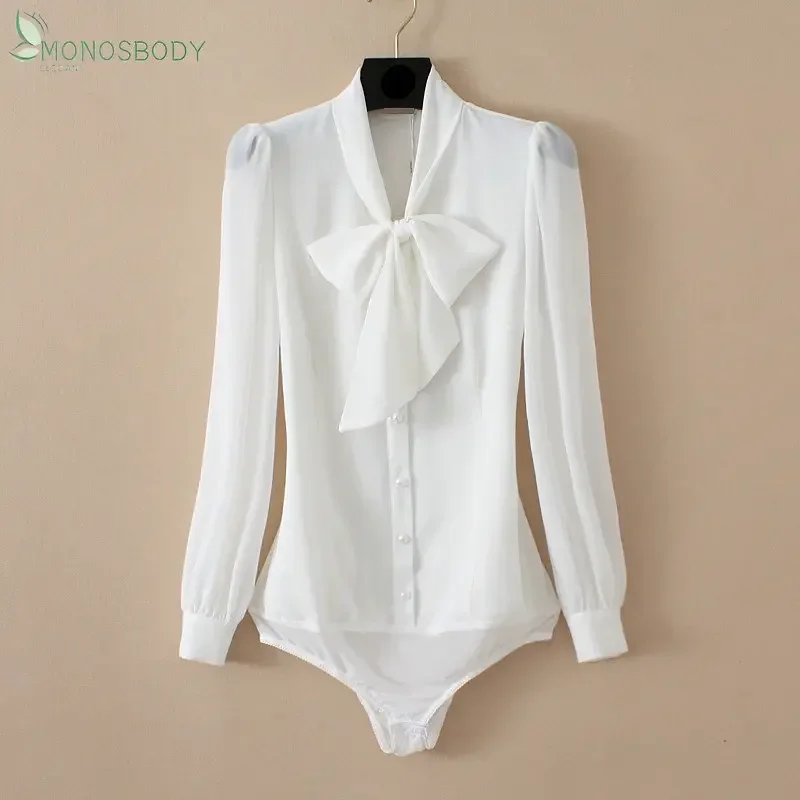 Elegant Bodysuits Women Bow Tie Pattern Long Sleeved Rompers Office Lady Blouses and Tops Overalls Business Work Chiffon Shirts