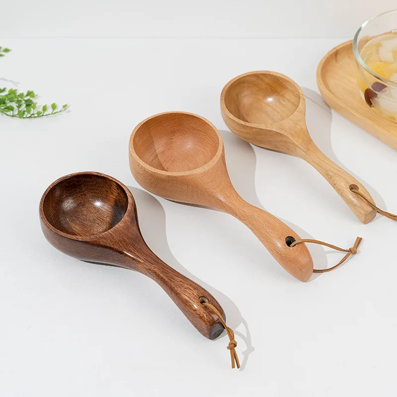 Creative Japanese Style Household Whole Wood Long Handle Dry Rice Spoon Practical Wooden Measuring Spoon Water Ladle