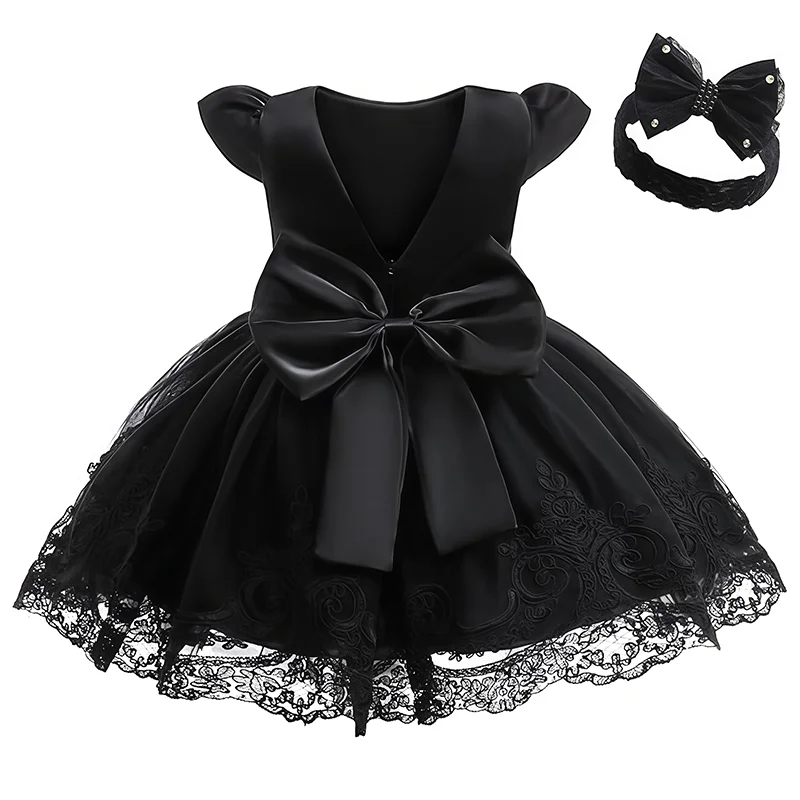 Cute Flower Girls Bow V Back Embroidery Tulle Dress With Headband For Toddler Baby Pageant Wedding Party Birthday Baptism Gown