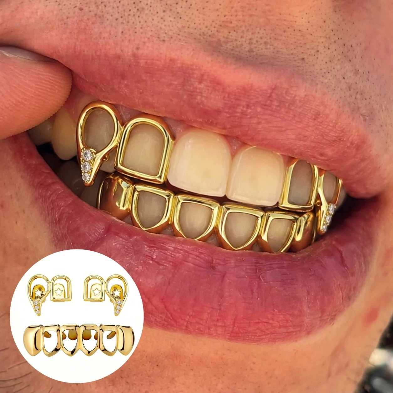 Hip Hop Grillz Set 18K Gold Plated Star Cutout CZ Tooth Jewelry Top & Bottom Vampire Fang for Women & Men Y2K Style