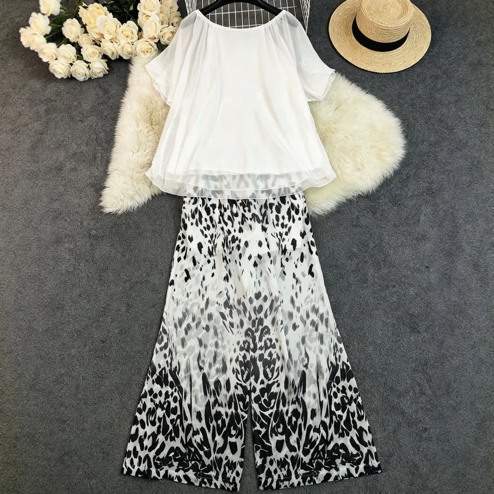 2026 Summer New Women 2PCS White Chiffon Tops and Leopard Print Wide Leg Pants Set Europe America Casual Baggy Beach Outfit Y2k