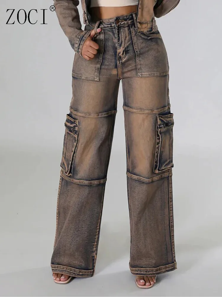 

Женские джинсы ZOCI, винтажные уличные джинсы с несколькими карманами, женские джинсовые брюки-карго, прямые широкие брюки в стиле сафари, новинка 2023 года