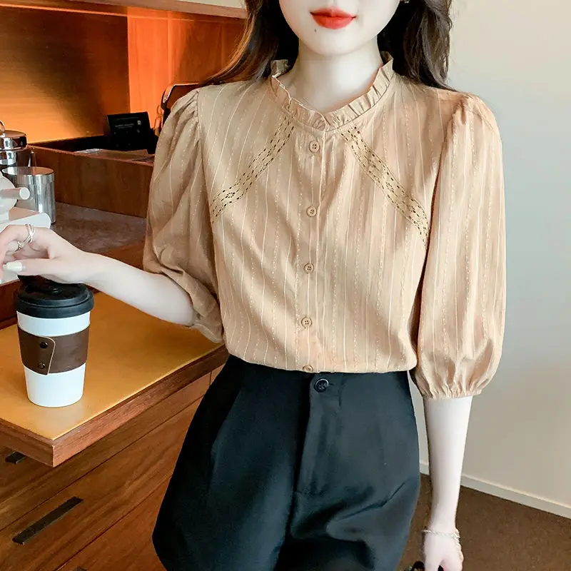 جديد الصيف النمط الفرنسي الخشب الفطريات الرقبة فضفاضة القطن المرأة قميص مزاجه خمس نقاط كم بلون أعلى