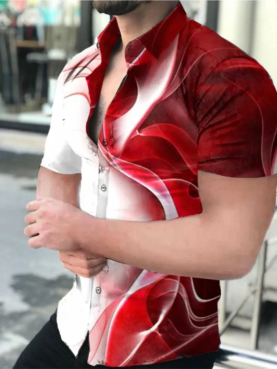 Nowy 2023 hawajski koszula męska Super krótkie rękaw czerwony streamer z nadrukiem 3D koszula męska letnie modny kardigan koszula plażowa 5XL