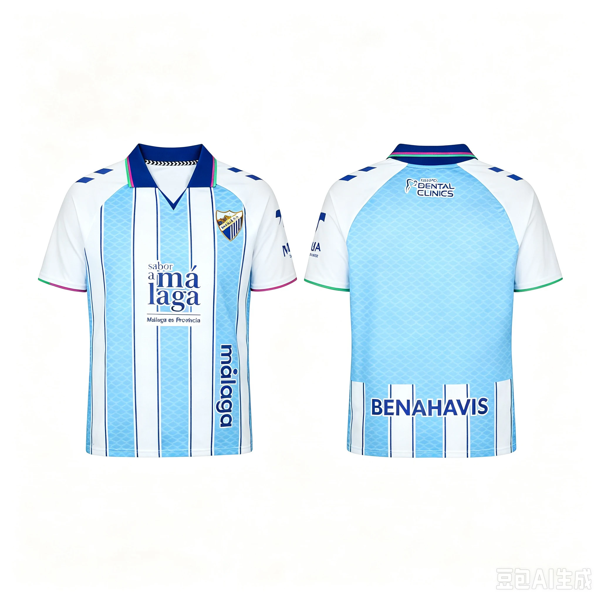 Classic Sky Blue and White Vertical Striped 2026 Málaga V Neck Collared Football Jersey Casual Sports T Shirt Family Matching