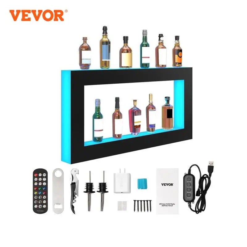 VEVOR LED Lighted Liquor Bottle Display, Illuminated Home Bar Shelf w/RF Remote & App Control 7 Static Colors 1-4 H Timing