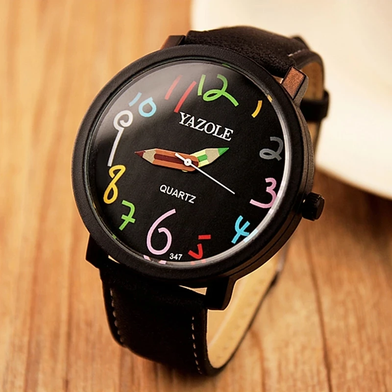 YAZOLE Creative Quartz Wrist Watch Fashion Casual Colorful Number Dial Pencil Pointer Leather Strap Analog Watch for Men Women