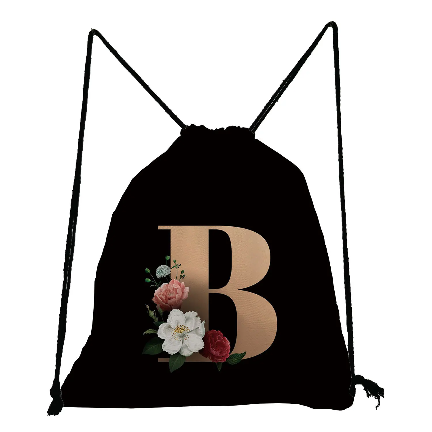 Borsa con coulisse in oro nero A-Z alfabeto zaino da palestra sportivo Unisex Light Firm minimalismo fiore all'ingrosso personalizza poliestere