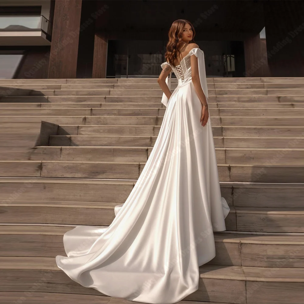 우아하고 빛나는 새틴 A라인 웨딩드레스 2025 하이 포크 오프숄더 로브 칵테일 파티 드레스 맞춤 제작