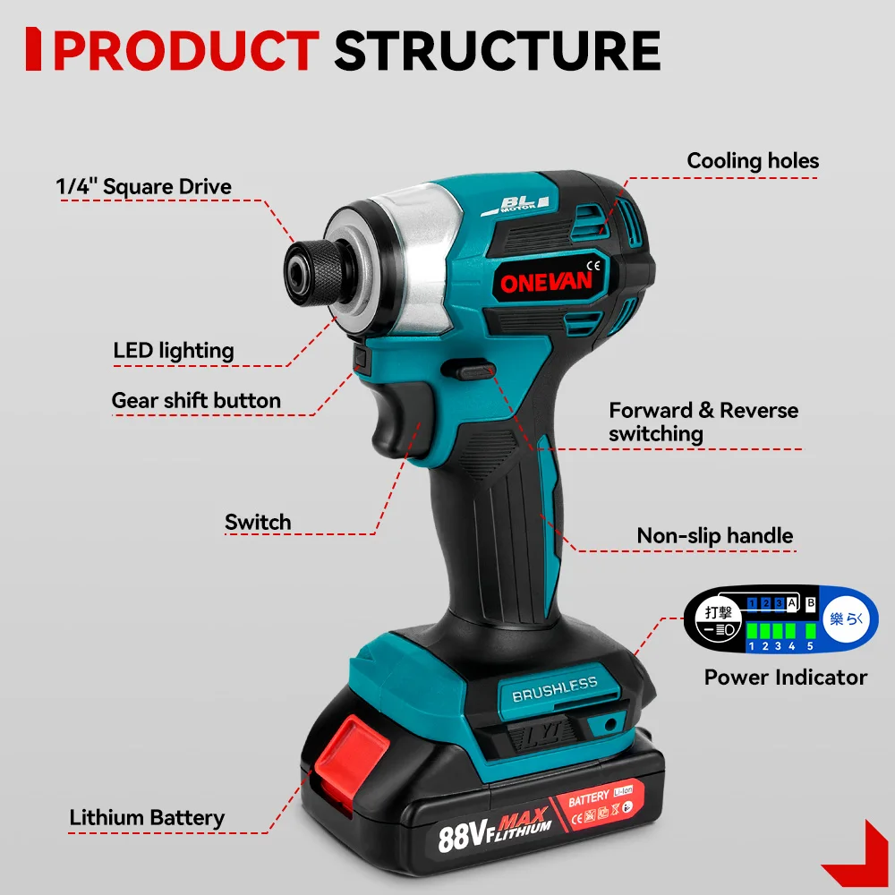 ONEVAN 600N.m Brushless Electric Screwdriver 5-Speed Cordless Electric Impact Driver Kit Cordless Drill for Makita 18V Battery