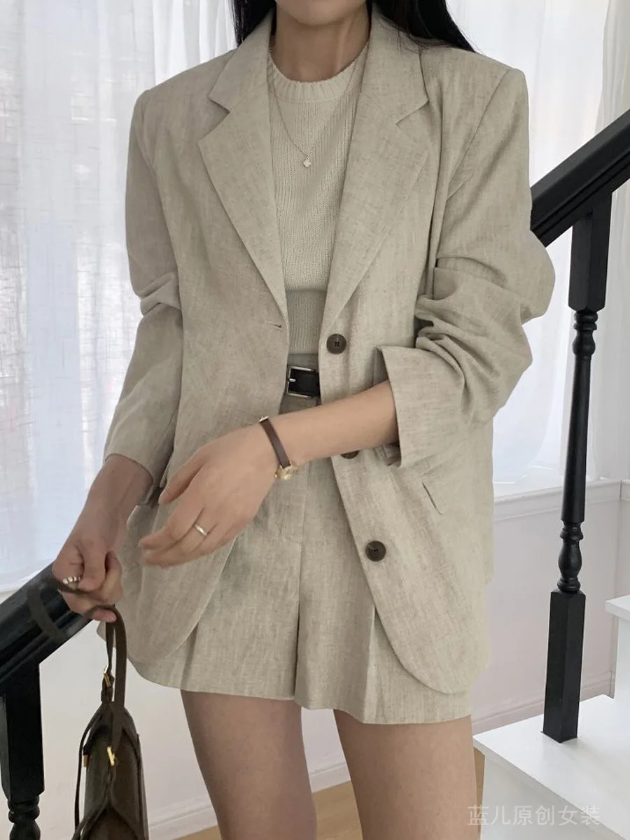 SuperAen 솔리드 컬러 코튼 및 린넨 블레이저 여성용 여름 2025 새로운 루즈하고 캐주얼한 반바지 바지 투피스 세트