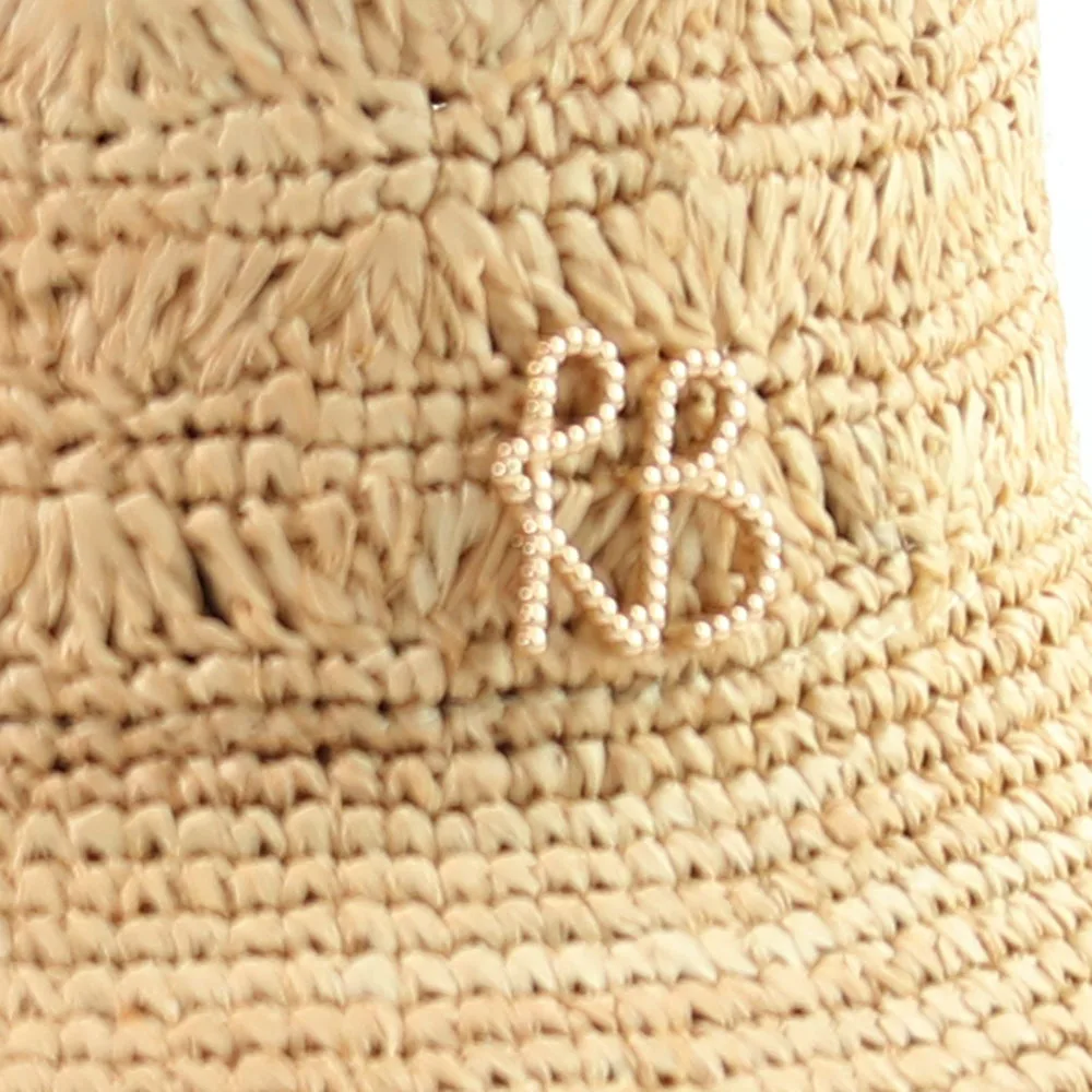 100% Raffia Bucket Hat Hand Crochet Straw Hat With Chain European American Summer Beach Sun Fisherman Cap
