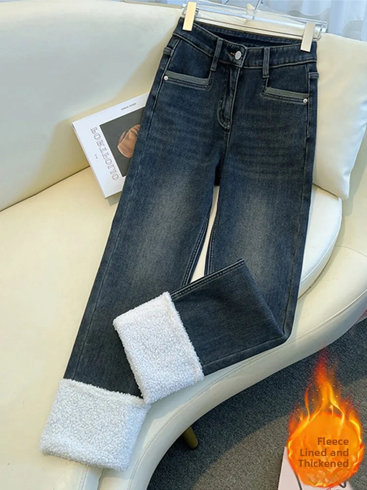 Women's Fleece Lined Lamb Fur Cuffed Straight Leg Thickened Denim Jeans High Waist Nine Points Winter Casual Wide Leg Pants