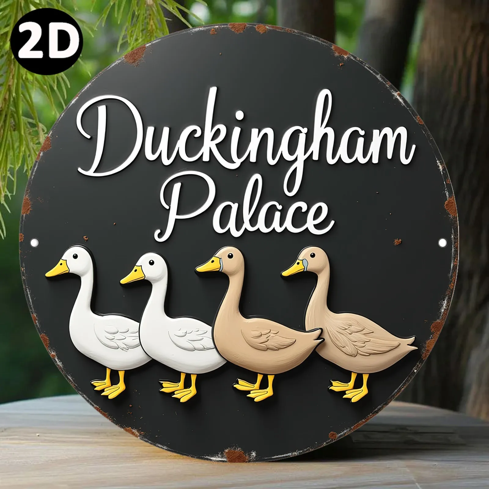 2D Flat - A 2D Printed Round Metal Sign Plaque Made of Aluminum Featuring Duckingham Palace And a Group of Ducks, Perfect for De