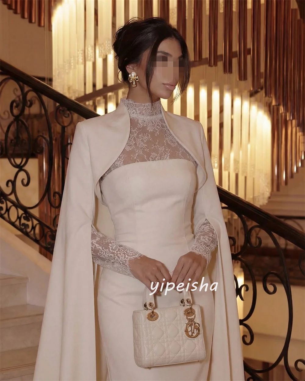 Customized Beige Formal Modest Jersey Pleat Lace Straight High Collar Long Dresses Evening Dresses Casual For Birthday Party 3