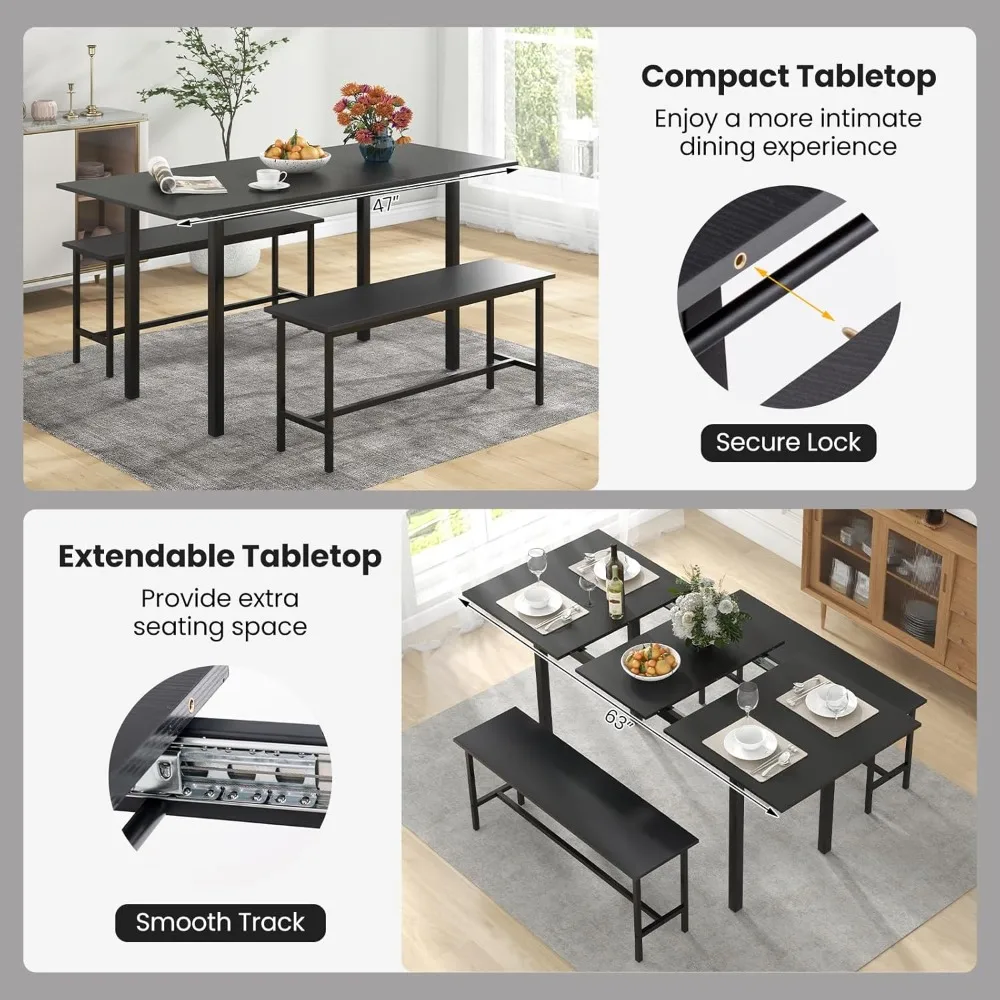 طقم طاولة طعام مكون من 3 قطع لطاولة مطبخ قابلة للتمديد مقاس 4-6، 63 بوصة مع مقعدين، حجرة طعام موفرة للمساحة مع إطار معدني #3