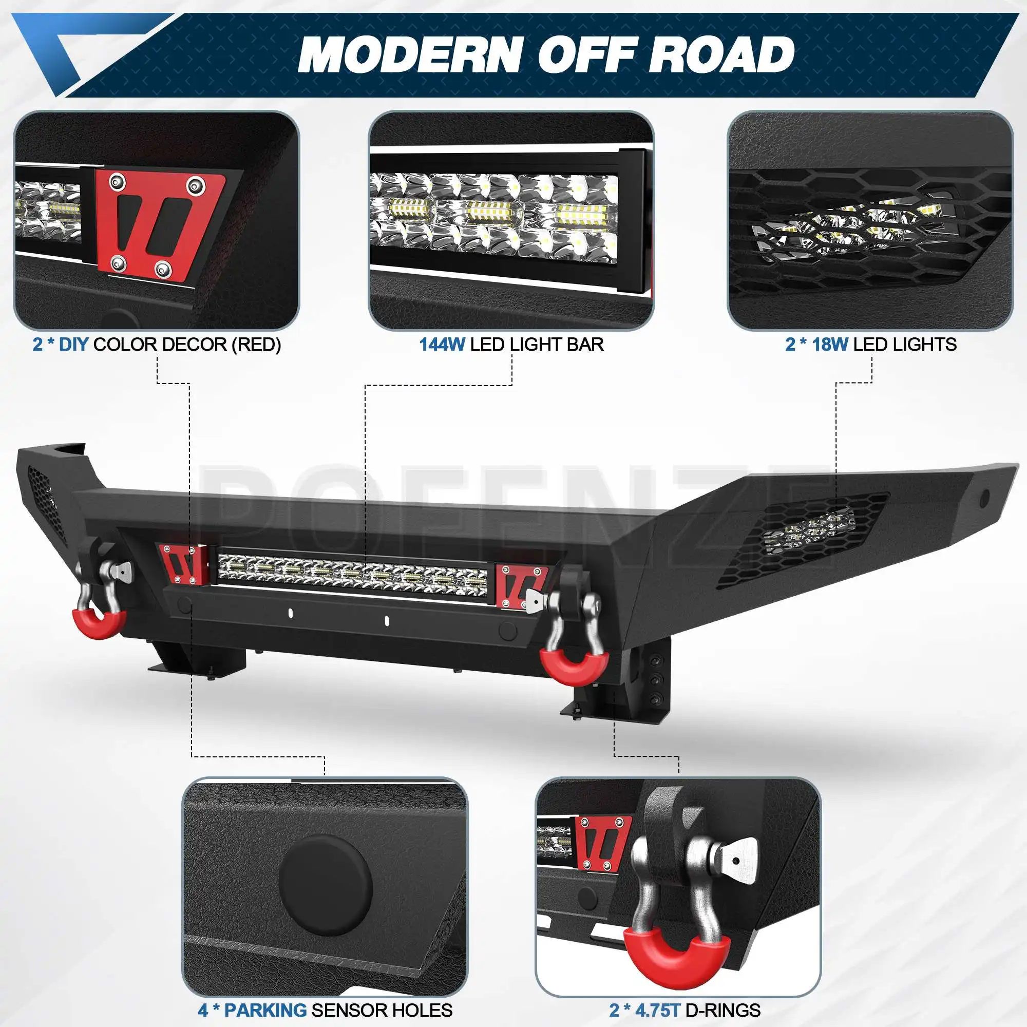 Tundra Front Bumper Full Width Bumper w/144W Light Bar, 2x18w Lights, D-rings for 2007-2013 Tundra