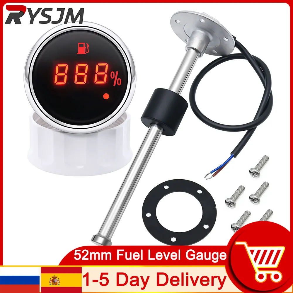 Motorcycle Car Boat Fuel Level Sensor for 0~190 ohm 52MM Digital Fuel Level Gauge With Warning Light + 200mm Fuel Sending Unit