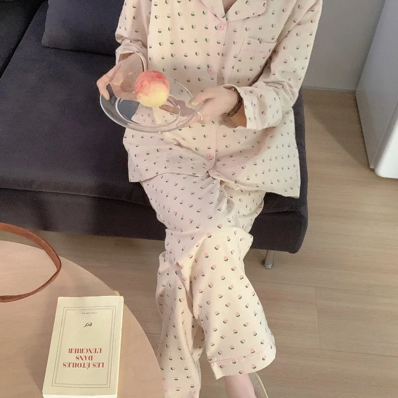 Cotton Sleepwear Korean Pajamas Women Summer Cute Heart Print Pyjamas Long Sleeve Pijama Female Set Negligee Cardigan Suit