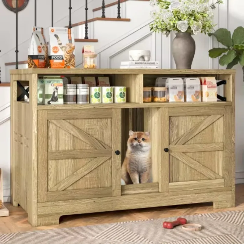 

Customizable Farmhouse Multifunctional Cat Litter Cabinet Adjustable Pet Storage Hidden Cat Toilet 2-in-1 Cat Bed & Storage