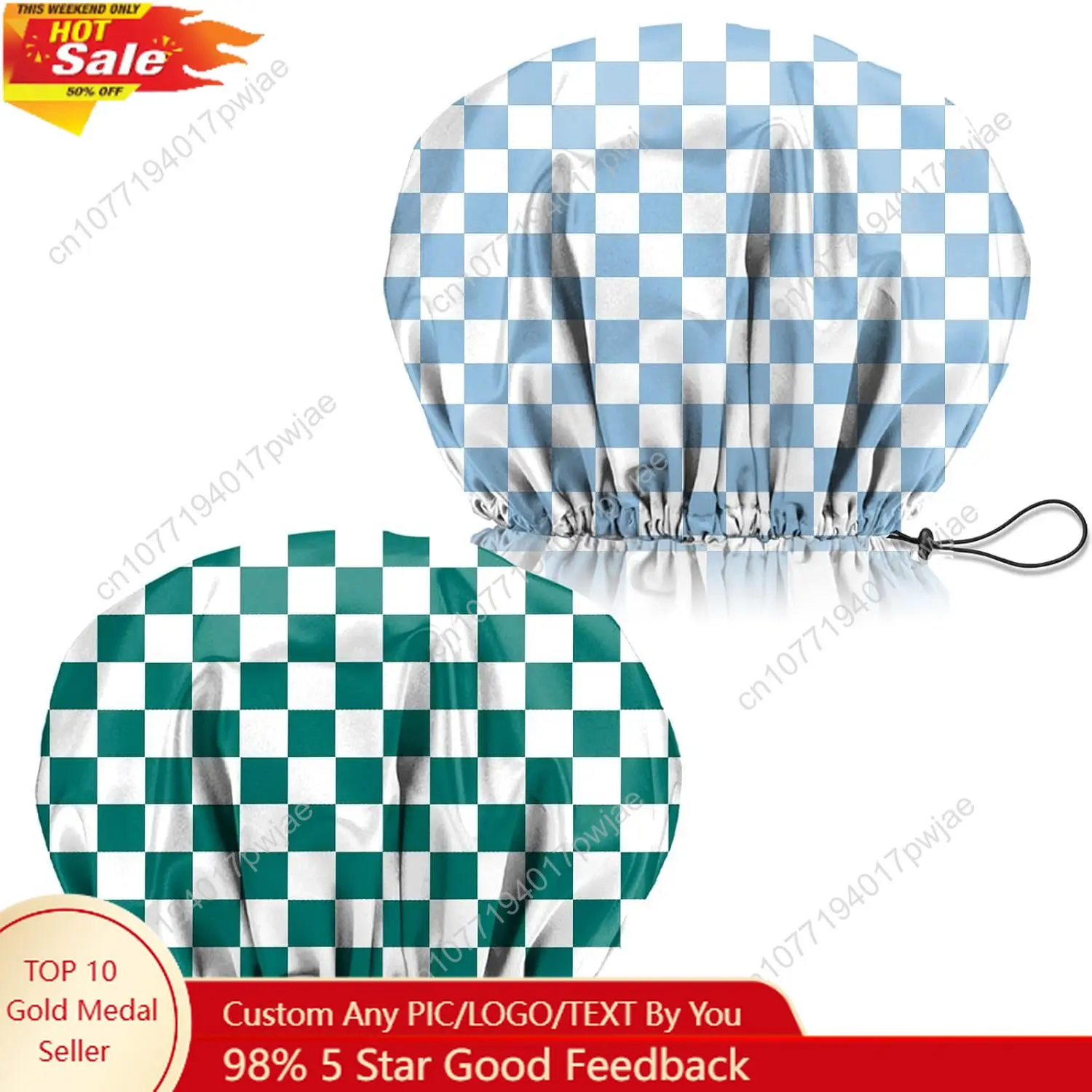 

2 PCS Shower Cap Adjustable Reusable Double Waterproof Layer Elastic Hair Bath Cap Cute Aesthetic for Women Girls-Checkered