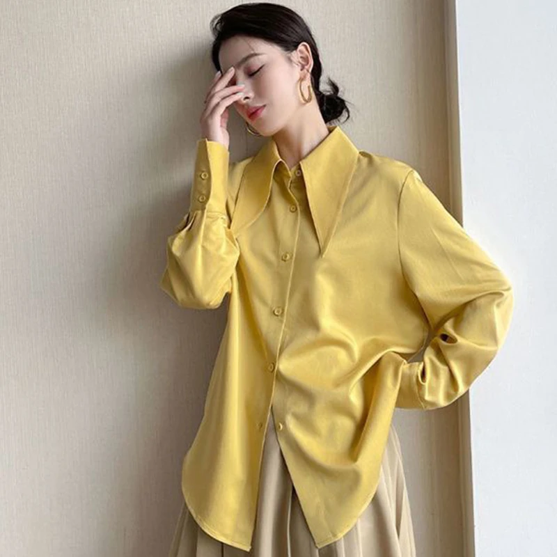 Y2k Women Blue Chiffon Shirts Korean Elegant Loose Pointed Collar Female Casual Blouse Autumn New Chic Office Button Ladies Tops