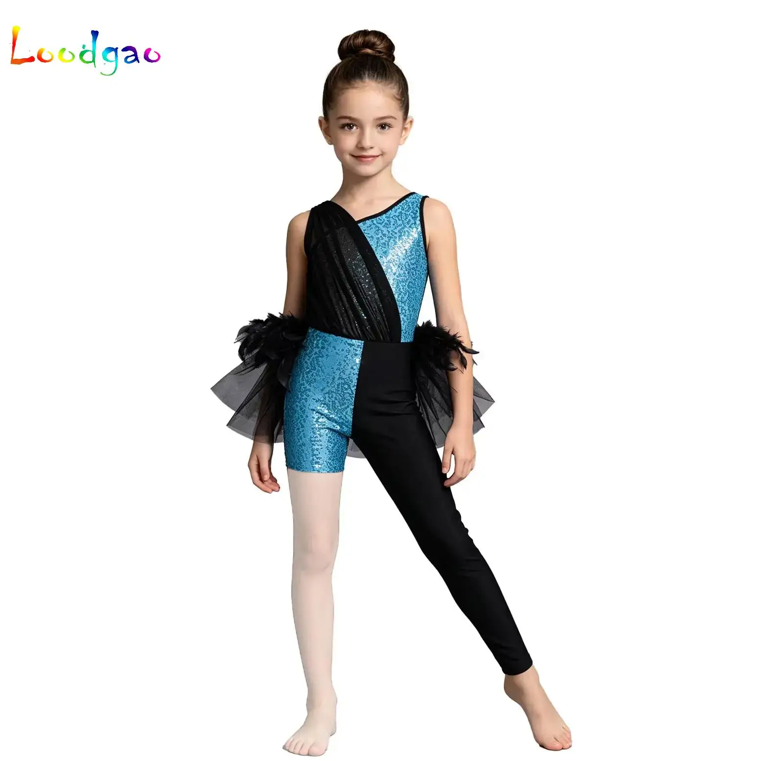 Kids Girls Sequins Jumpsuit Tulle Skirted Tutu Ballet Full Length Leotard Children Rhythmic Gymnastics Skating Performance Wear