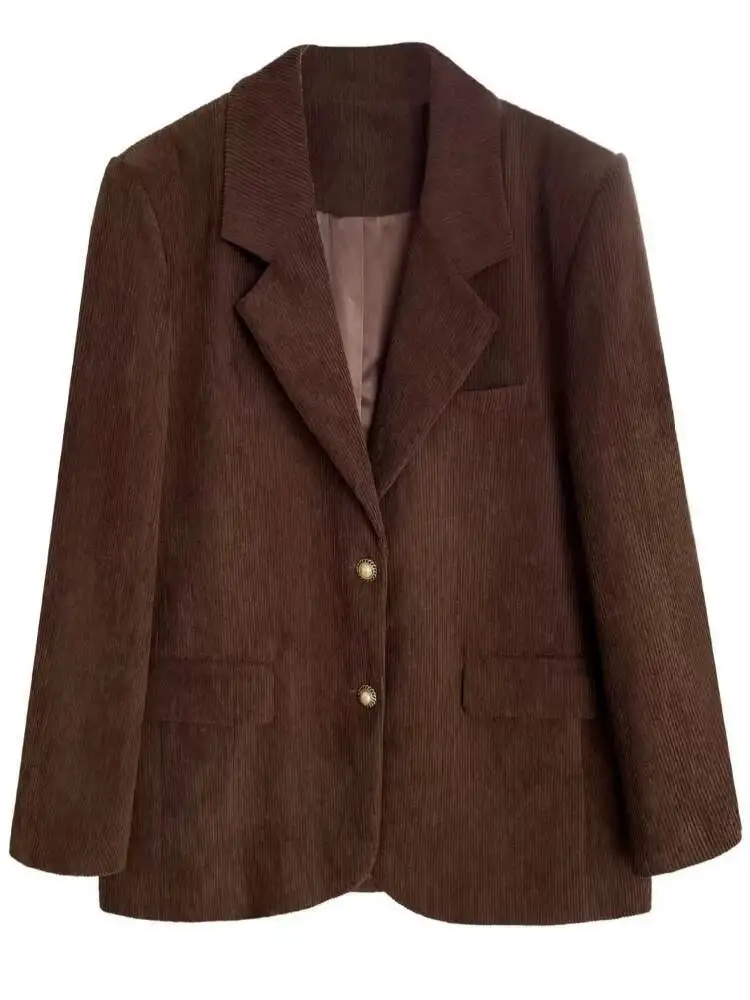 سترة نسائية كلاسيكية من سروال قصير بني كراميل للخريف والشتاء مع طية صدر السترة وأكمام طويلة ملابس خروج فضفاضة معطف نسائي خارجي