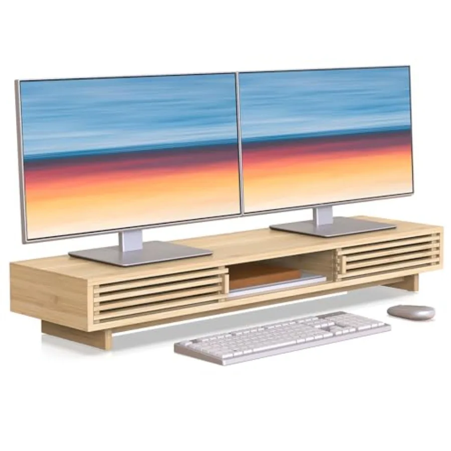 Dual Monitor Stand Riser with Sliding Door Double Computer Laptop Stand Desk Shelf Organizer with Storage for 2 Monitors Natura