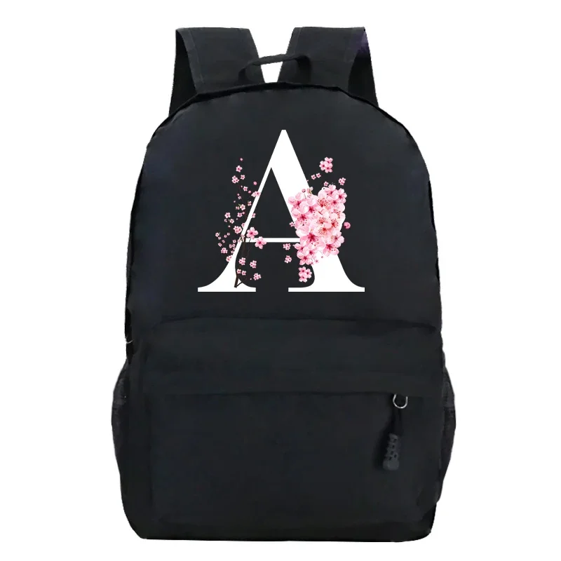 Women Men Harajuku Fashion Shoulders Backpack Sakura Flower A-Z Alphabet Graphic Laptop Bags Knapsack Large Capacity Travel Bag