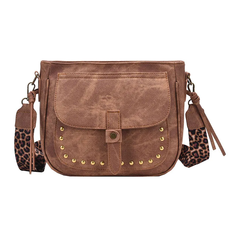 

Vintage Rivets Crossbody Shoulder Bags for Women Brand Designer PU Leather ladies Handbags Leopard print Wide straps Saddle Bags