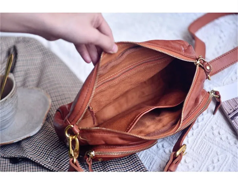 Vintage luxury natural genuine leather women\'s multi-pocket crossbody bag casual outdoor real cowhide female shoulder bag Girls