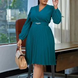 2024 Women Autumn Casual Plus Size Slim Office Ladies Dresses Retro Elegant V-Neck High Waist Printed Long Sleeve Party Dress