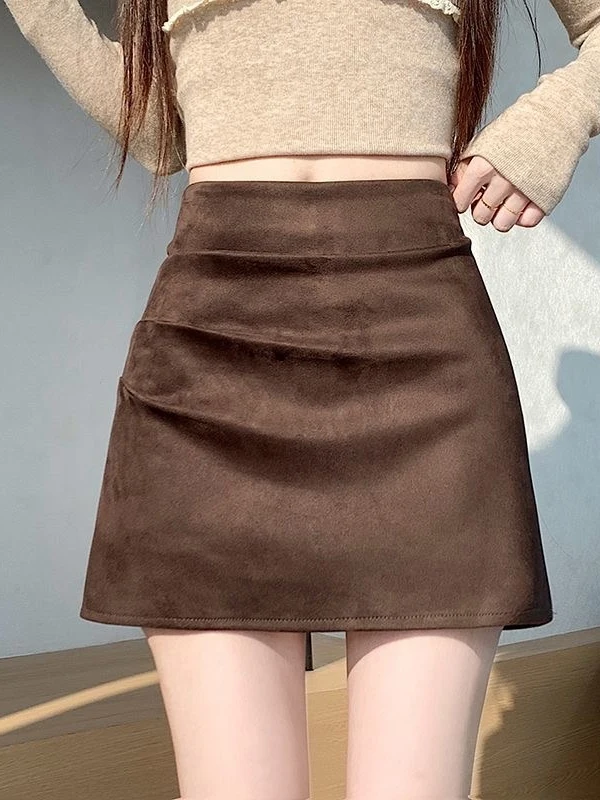 Suede Pleated  Skirt Women's High Waist Slim A-Line Skirt Bodycon Anti-Light Versatile Short Skirt Commute Simple Style
