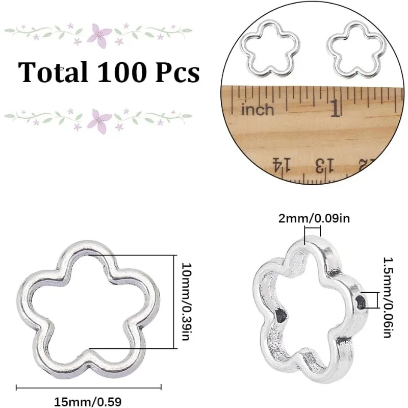 1 Box 100PCS 15mm Silver Flower Bead Frames Spacer Beads Metal Alloy Double Hole Hollow Petal Blossom Connector Link Frame Beads