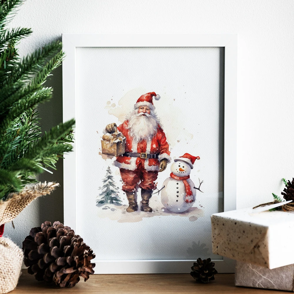 Christmas Tree Santa Claus Snowman Poster Print Wall Art Painting Canvas Print Holiday Wall Picture Living Room Xmas Home Decor