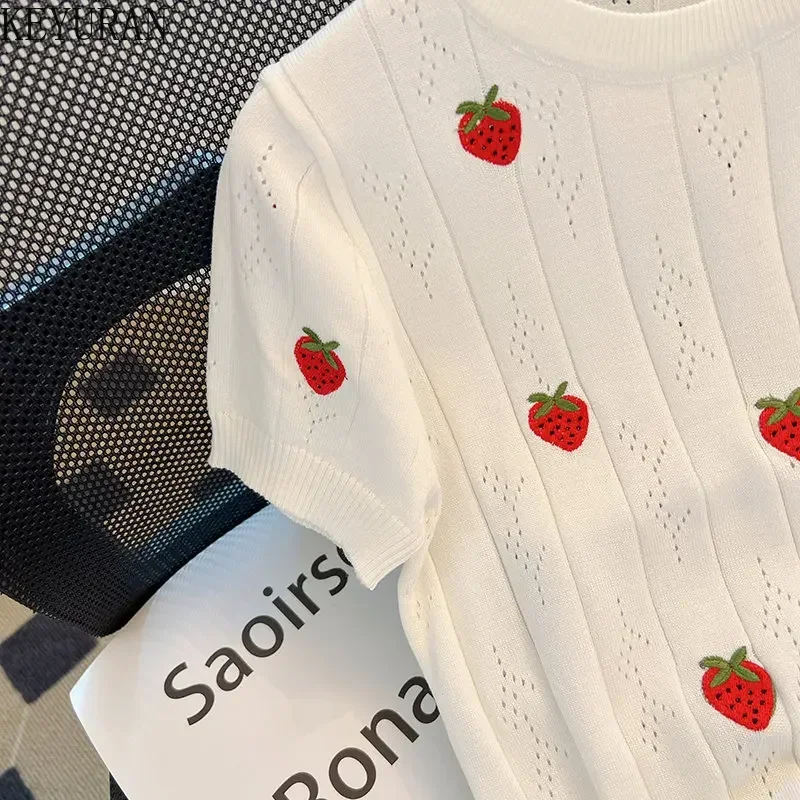 2024 New Summer Strawberry Embroidery Hollow Out Sweater Women Knitted T-Shirt White Short Sleeve Thin Knitwear Tops Tees Female