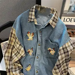 American Retro Denim Patchwork Plaid Teddy Bear Shirt for Women Autumn Loose Artistic Hong Kong Style Long Sleeved Shirt Jacket