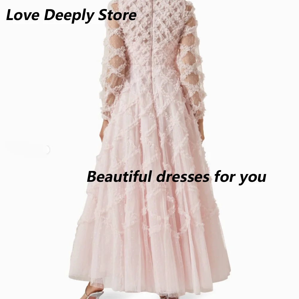 Rosa formelles Abendkleid, maßgeschneidert, O-Ausschnitt, lange Ärmel, Tüll, A-Linie, Abendkleid für Damen, 2026, knöchellanges Partykleid – Detail 3