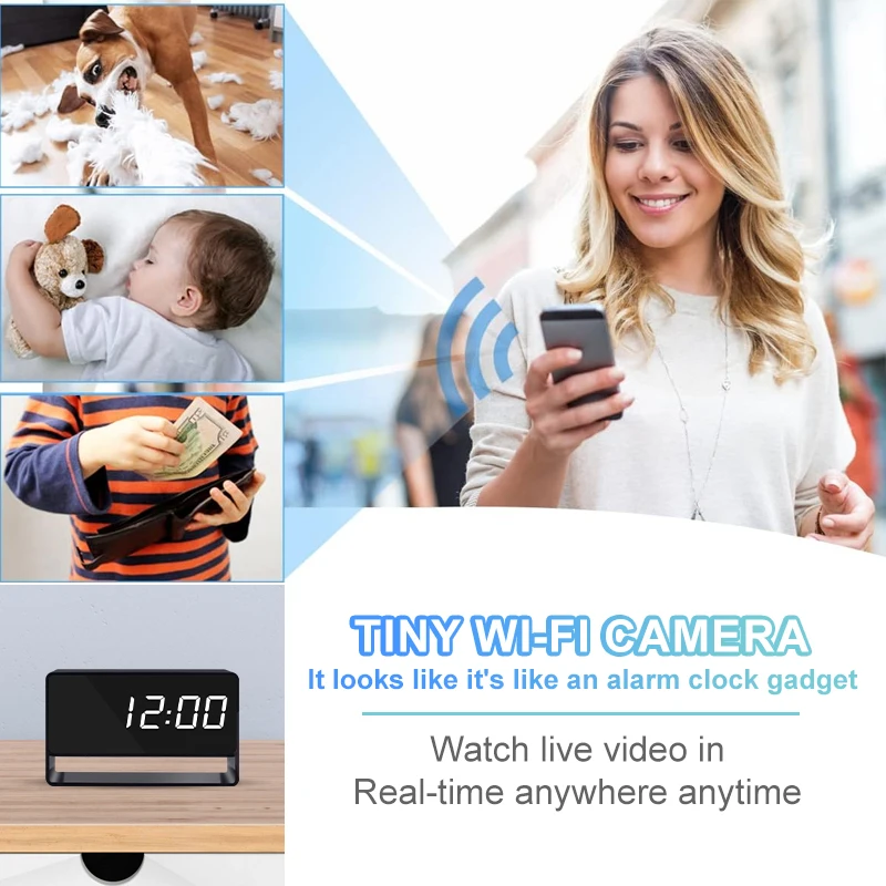 1080P Mini Camera Clock Wireless Clocks Cameras HD WiFi Surveillance Security Cam Night Vision 12/24 Hour Detection Alert