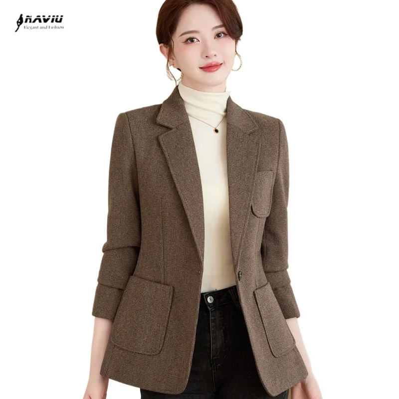 NAVIU Office Ladies Blazer Women Jacket Gray Coffee Long Sleeve Single Button Female Business Work Wear Slim Formal Coat Jacket