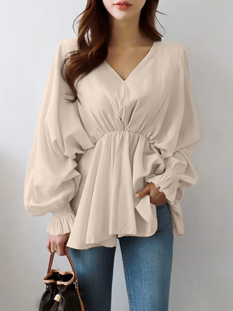 Stylish Ruffles OL Blouse Autumn Women Tops 2024 ZANZEA Elegant V Neck Long Flare Sleeve Shirt Fashion Solid Pleated Work Blusas