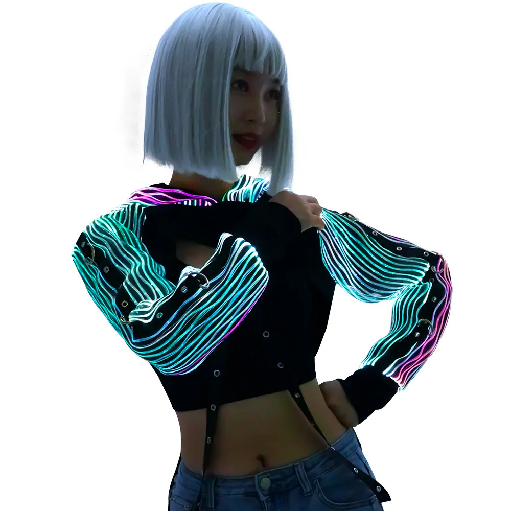 Punk Clothes Women LED Luminous Hoodie Top Rave Outfit Party Light Up Stage Nightclub Costume Futuristic Clothing Gothic Style