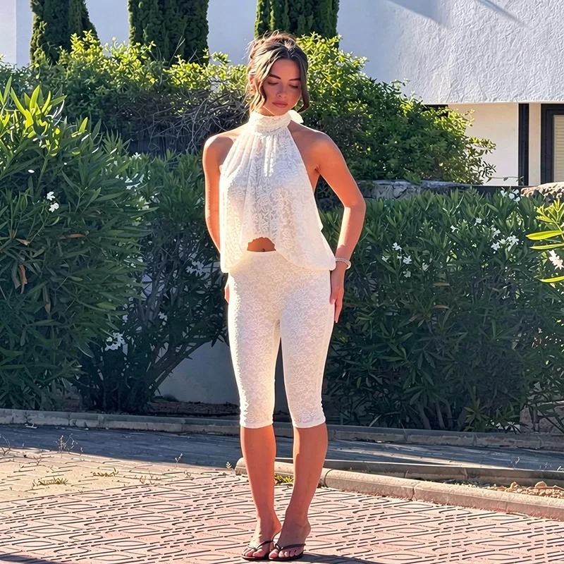 Women's casual summer set a fresh and comfortable set for home and holidays, featuring a lace, draped-pleated, open-back design