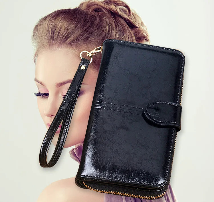 Cross-Border New Ladies' Purse Oil Wax Leather Retro Long Wallet Large-Capacity Handbag Multifunctional Mobile Phone Bag