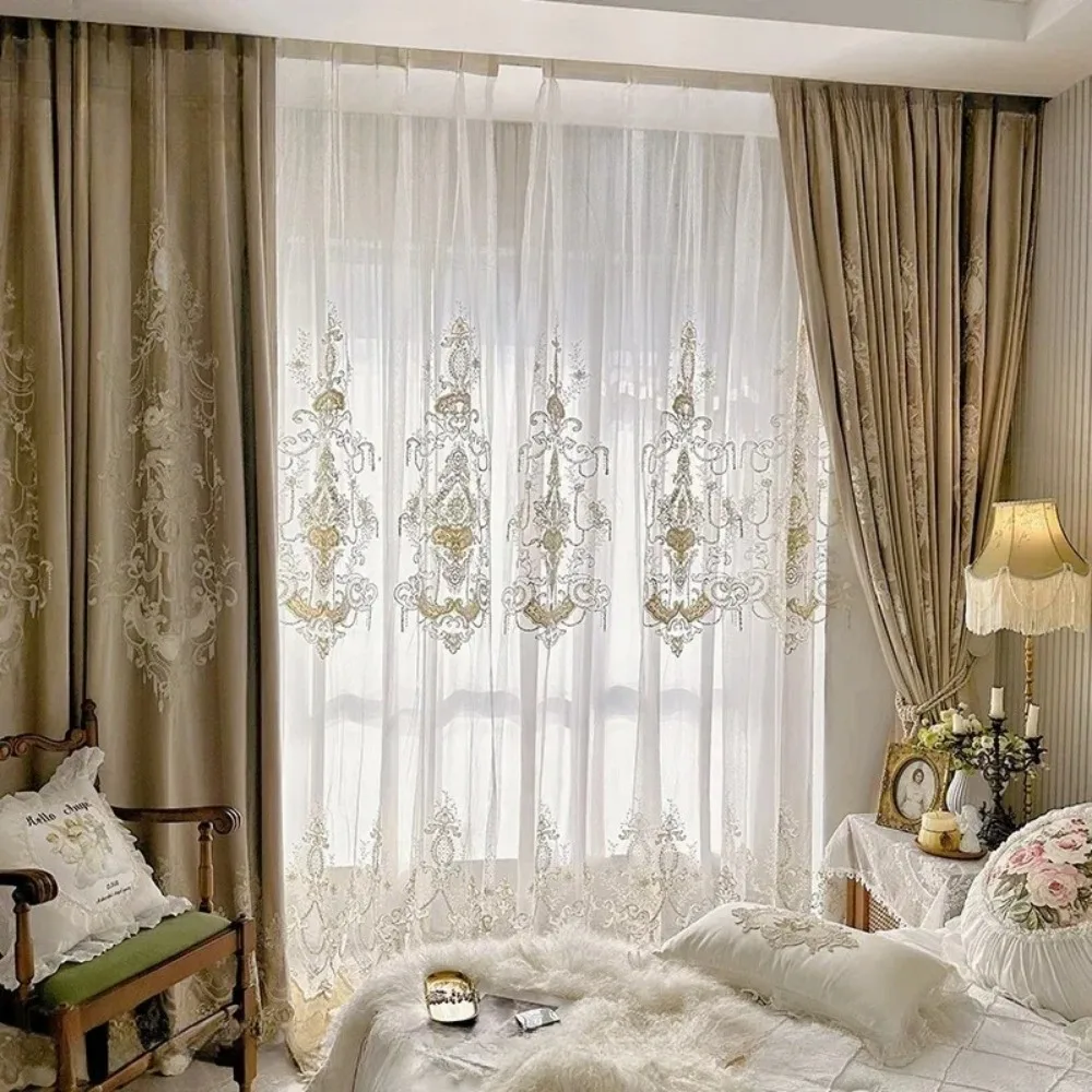 Customised Lace Embroidery Milk Tea Coloured Velvet Curtains for Living Room Bedroom Balcony Embroidered Curtains Villa Curtains