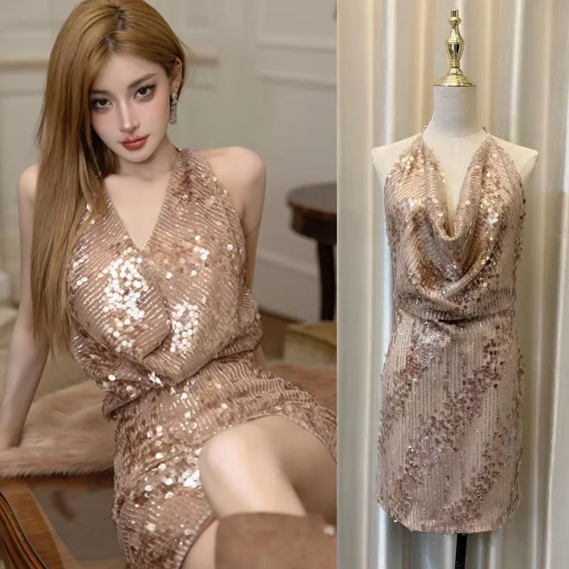 

Celebrity Spicy Girl V-Neck Diamond Hanging Neck Wrap Hip Dress Women Sequin Backless Swinging Collar Banquet Sleeveless Wear