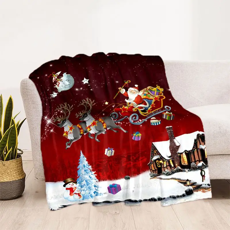 VIKAMA Christmas Throw Blanket with Flying Santa Sleigh Reindeer over Snowy Village 2027 Happy New Year Blanket for Couch